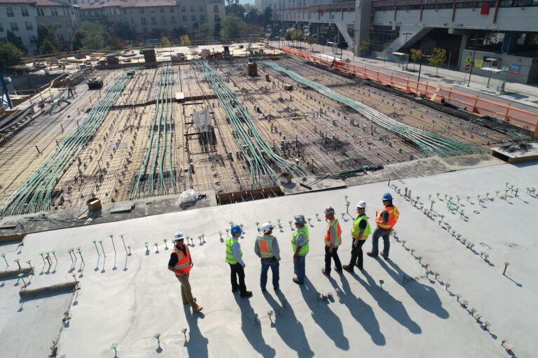 Concrete construction site where compressive strength test samples are taken