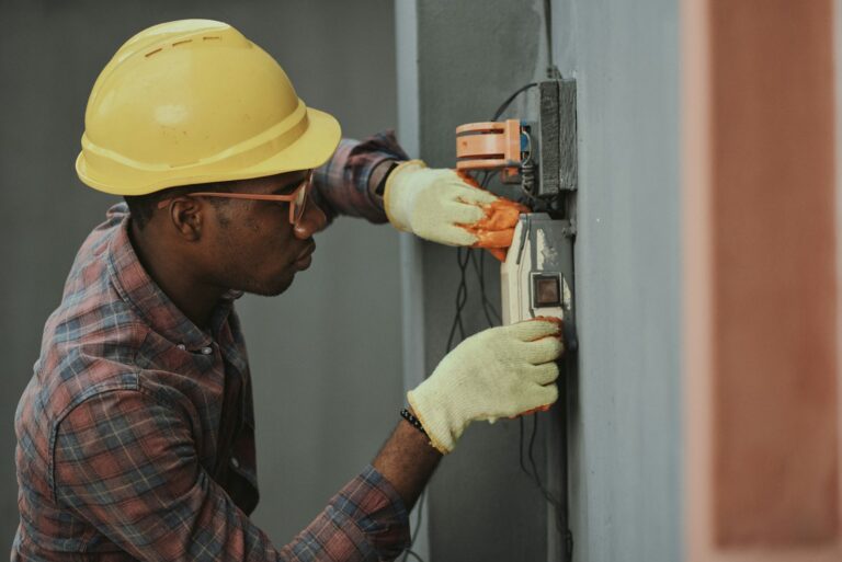 Worker in protective equipment on an industrial site